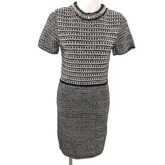 Tory Burch Black White Metallic Tweed Knit Embellished Jewel Dress Small - Picture 2 of 7